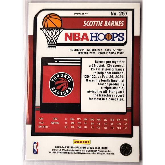 2023-24 NBA Hoops Premium Stock SCOTTIE BARNES #257 Red Pulsar Prizm - Picture 2 of 2